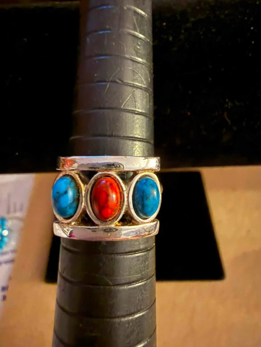 Silver-Tone Band Ring with Turquoise Blue and Red Cabochons